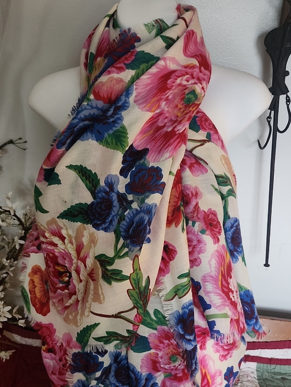 Manuel Canovas Wool Silk Blend Floral Print Scarf 56 X 56